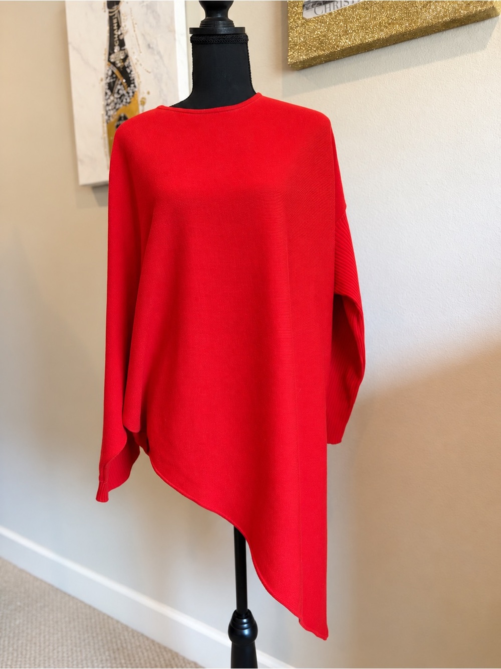 GLIV Carpi Italy Red Merino Wool Asymmetrical Poncho Sweater M NWOT